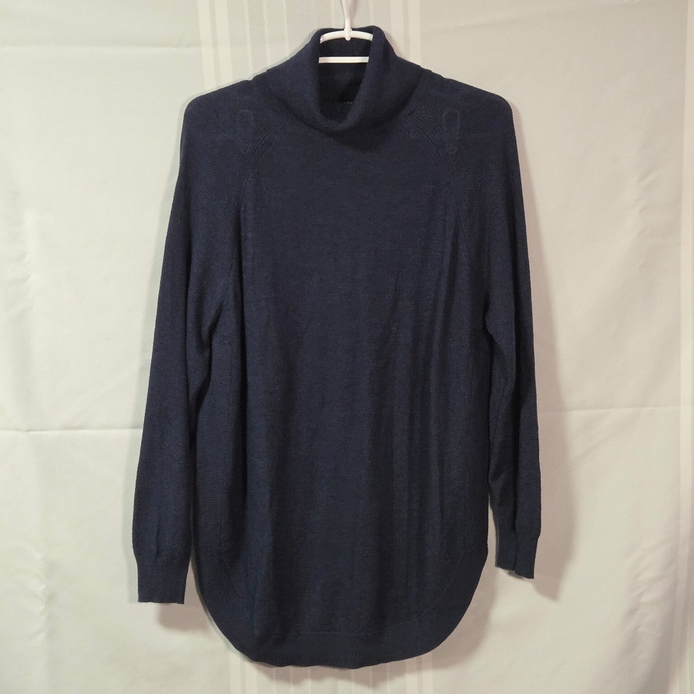 Mona Line Sweater Womens Navy Blue Turtleneck Tunic Woven Accents Raglan Sleeve